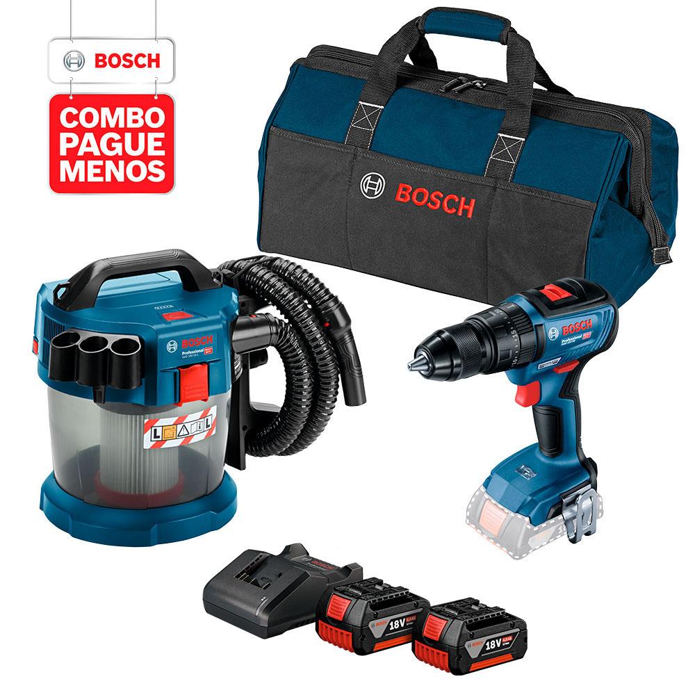 Aspirador de Pó a Bateria Bosch GAS 18V-10 L + Parafusadeira e Furadeira de Impacto de ½